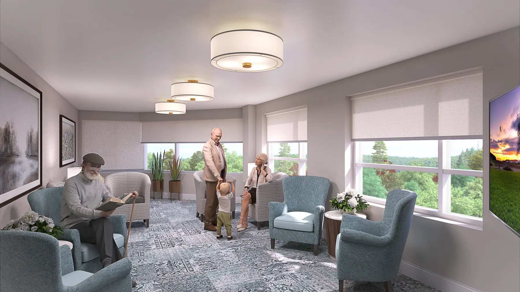 Renovation rendering of common room at Chartwell Grenadier / Rendu de la rénovation de la salle commune à Chartwell Grenadier